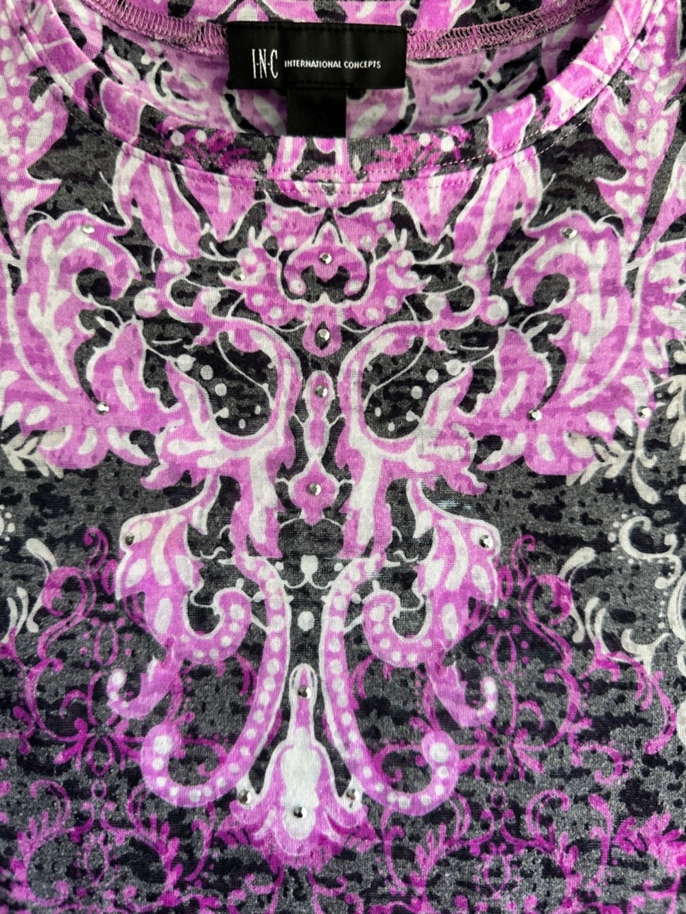 INC International Concepts Pink Black Baroque Rhinestone Detail Top Size M - Picture 13 of 16